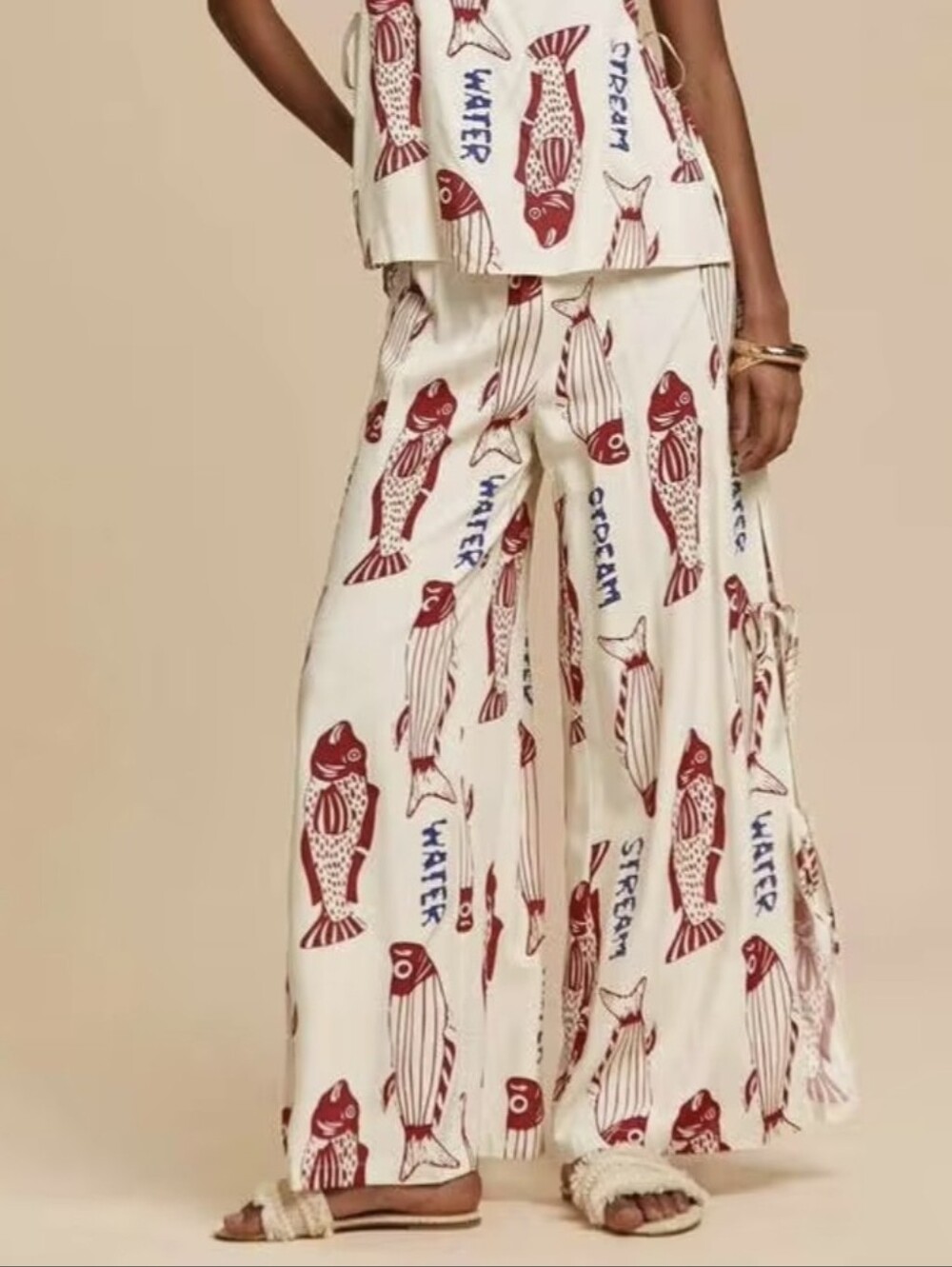 Like New Cream Pants with Red Fish Print, Feels Like Linen